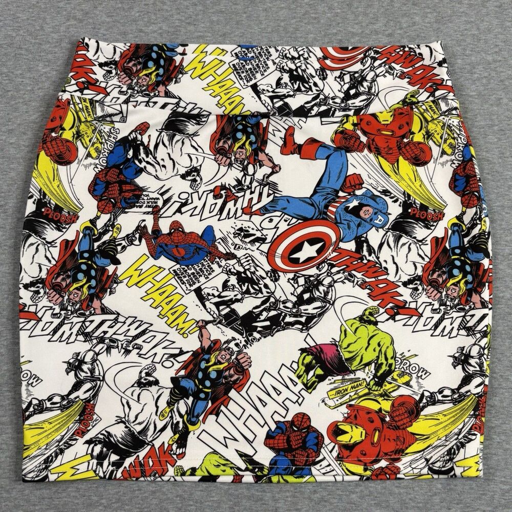 Marvel Avengers Comic Print Mini Skirt M Mighty Fine Captain America Spider-Man